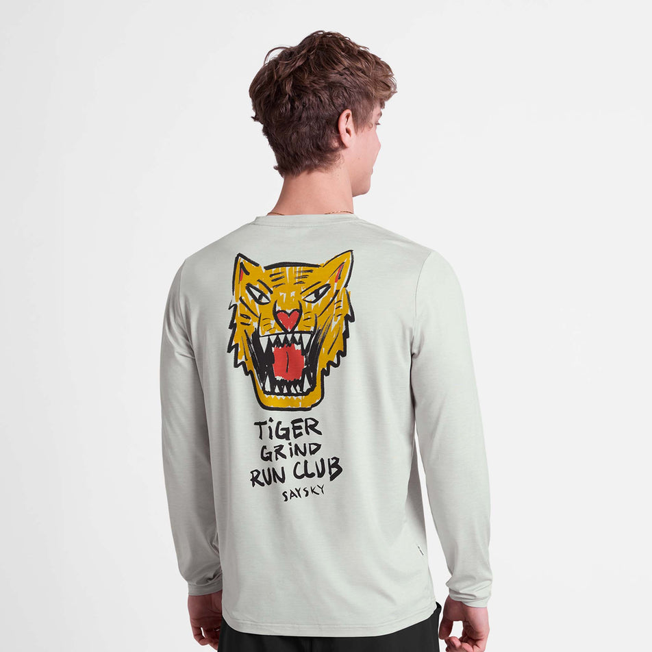 Back view of a model wearing the SAYSKY Men's Tiger Pace Long Sleeve in the Grey colourway.