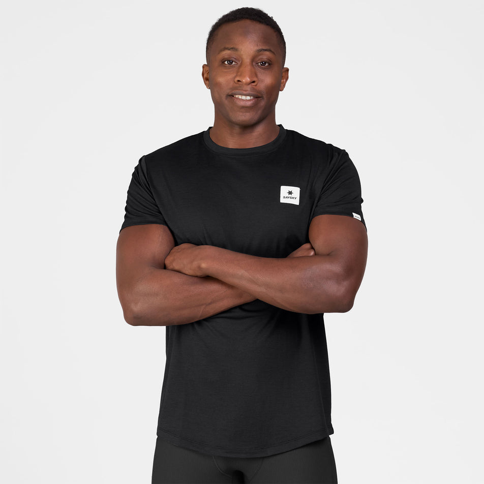 Front view of a model wearing the SAYSKY Men's Clean Combat Pro T-Shirt in the Black colourway.