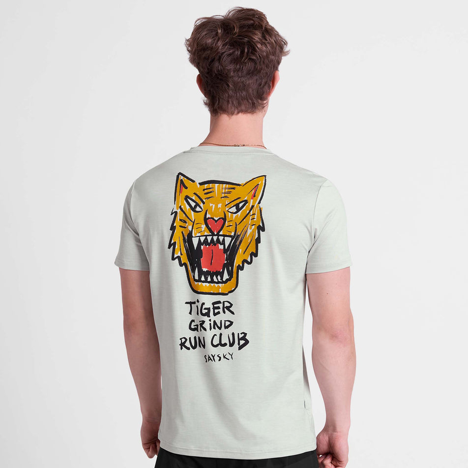 Back view of a model wearing the SAYSKY Men's Tiger Pace T-Shirt in the Grey colourway.