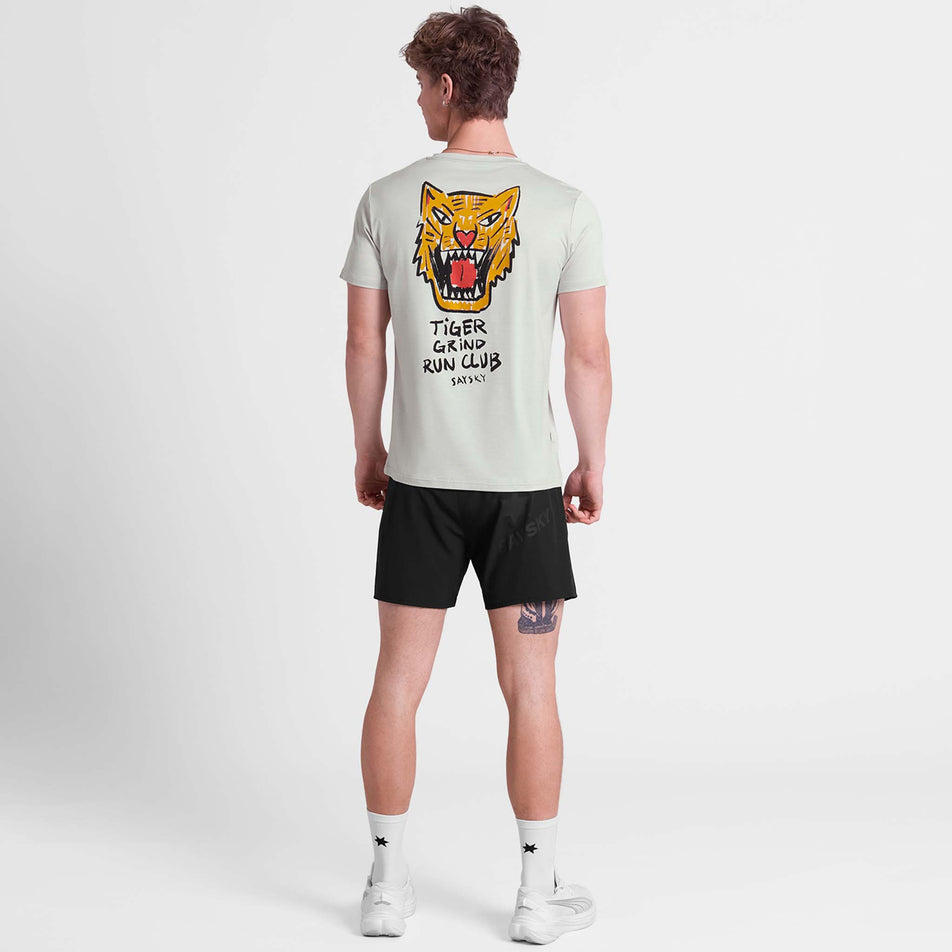 Back view of a model wearing the SAYSKY Men's Tiger Pace T-Shirt in the Grey colourway.