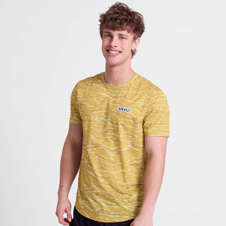 Front view a model wearing the SAYSKY Men's Tiger Combat T-Shirt in the Yellow colourway.