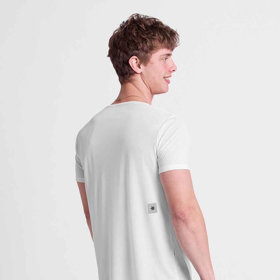 Back view of a model wearing the SAYSKY Men's Zig Zag Flow T-Shirt in the White colourway.