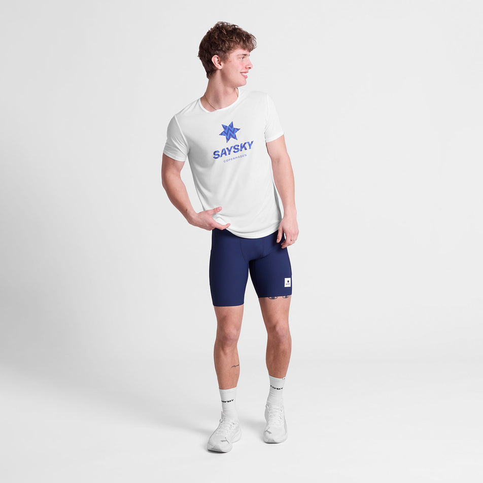 Front view of a model wearing the SAYSKY Men's Zig Zag Flow T-Shirt in the White colourway.