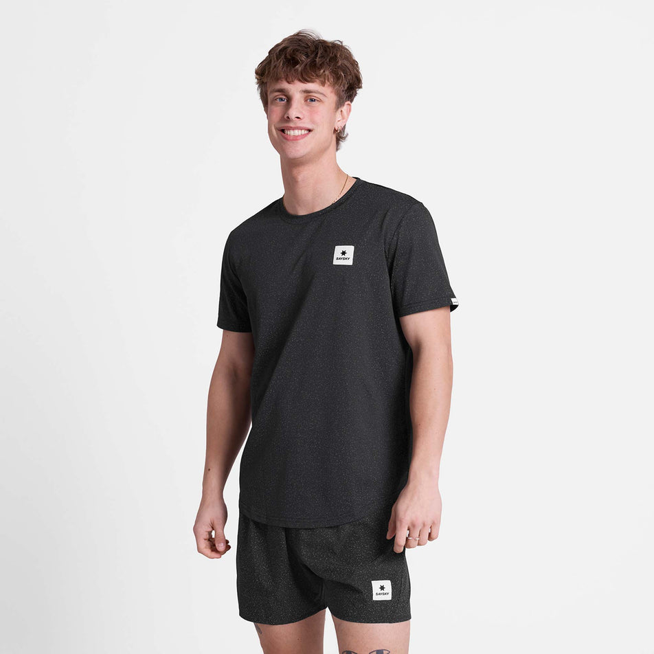 Front view of a model wearing the SAYSKY Men's Universe Combat T-Shirt in the Black Universe colourway.