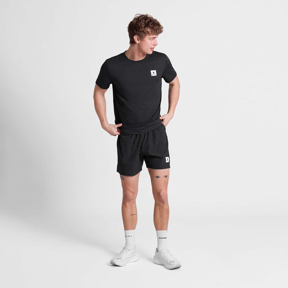 Front view of a model wearing the SAYSKY Men's Universe Combat T-Shirt in the Black Universe colourway.