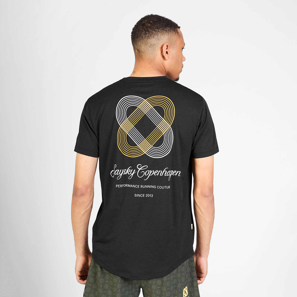 Back view of a model wearing the SAYSKY Men's Statement Combat Pro T-Shirt in the Black colourway.