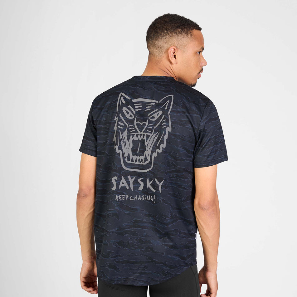 Back view of a model wearing the SAYSKY Men's Tiger Combat T-Shirt in the Black Camo colourway.