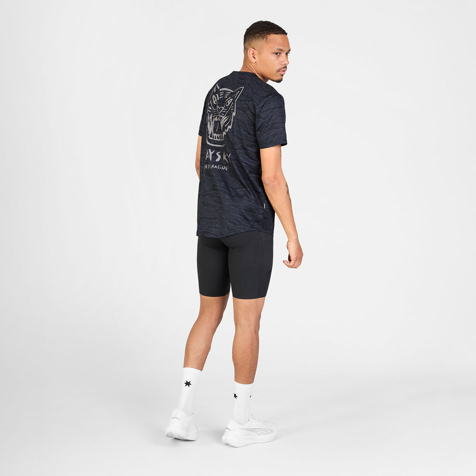 Front view of a model wearing the SAYSKY Men's Tiger Combat T-Shirt in the Black Camo colourway.