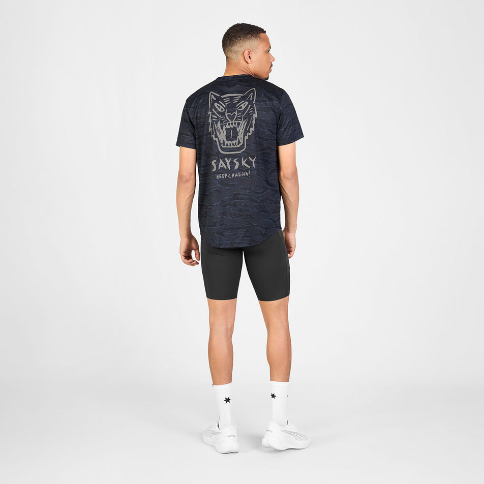 Back view of a model wearing the SAYSKY Men's Tiger Combat T-Shirt in the Black Camo colourway.