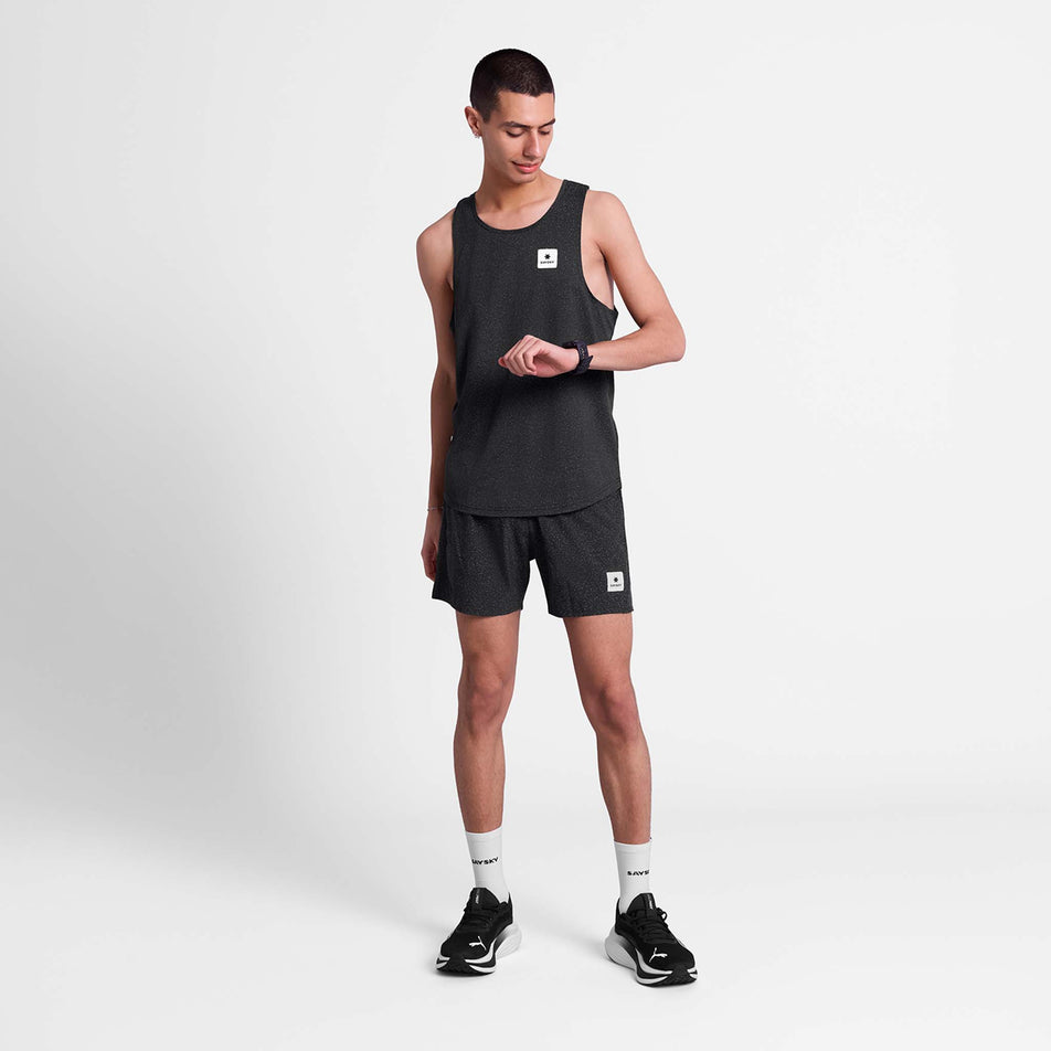 Front view of a model wearing the SAYSKY Men's Universe Combat Singlet in the Black Universe colourway.