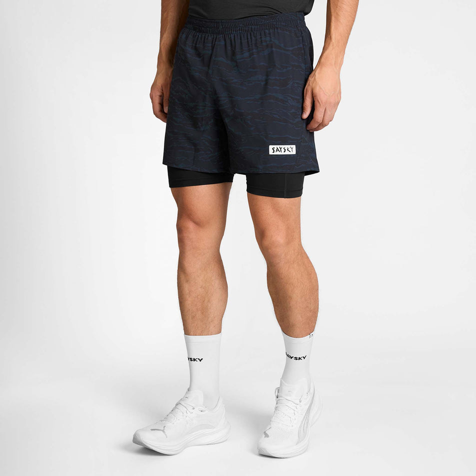 Front view of a model wearing the SAYSKY Men's Tiger Pace 2 In 1 Shorts 5