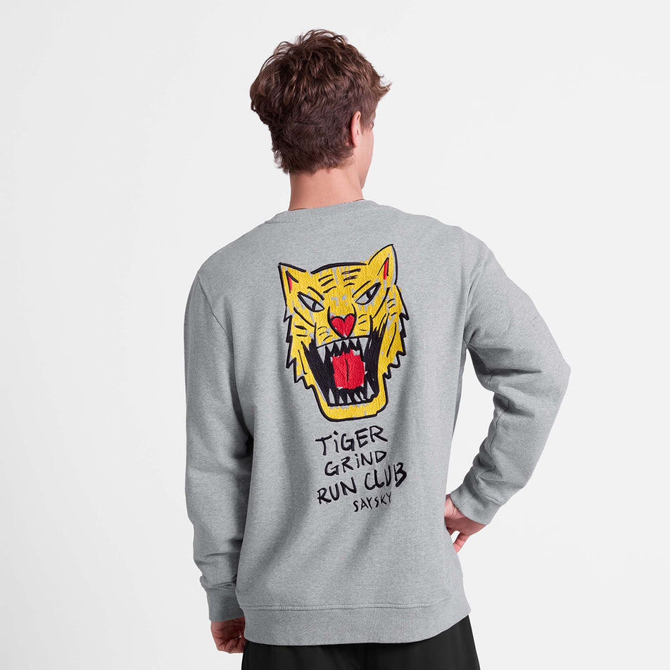 Back view of a model wearing the SAYSKY Men's Tiger Crewneck in the Grey colourway.