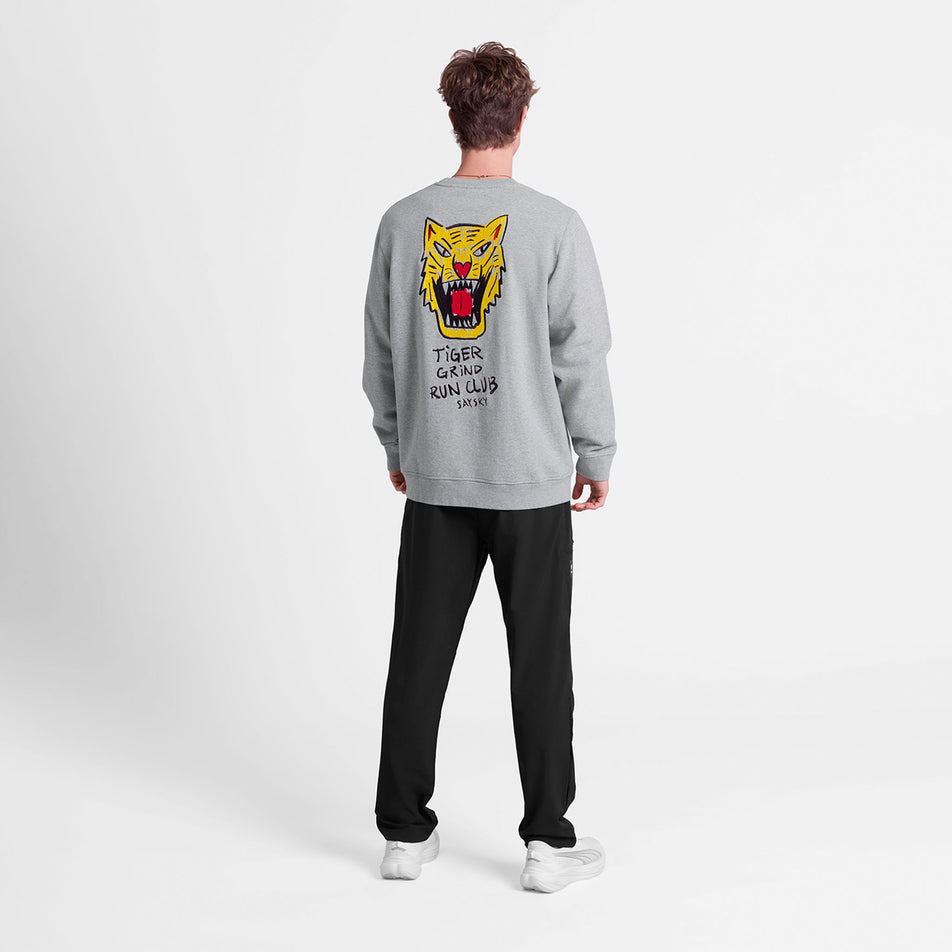 Back view of a model wearing the SAYSKY Men's Tiger Crewneck in the Grey colourway.