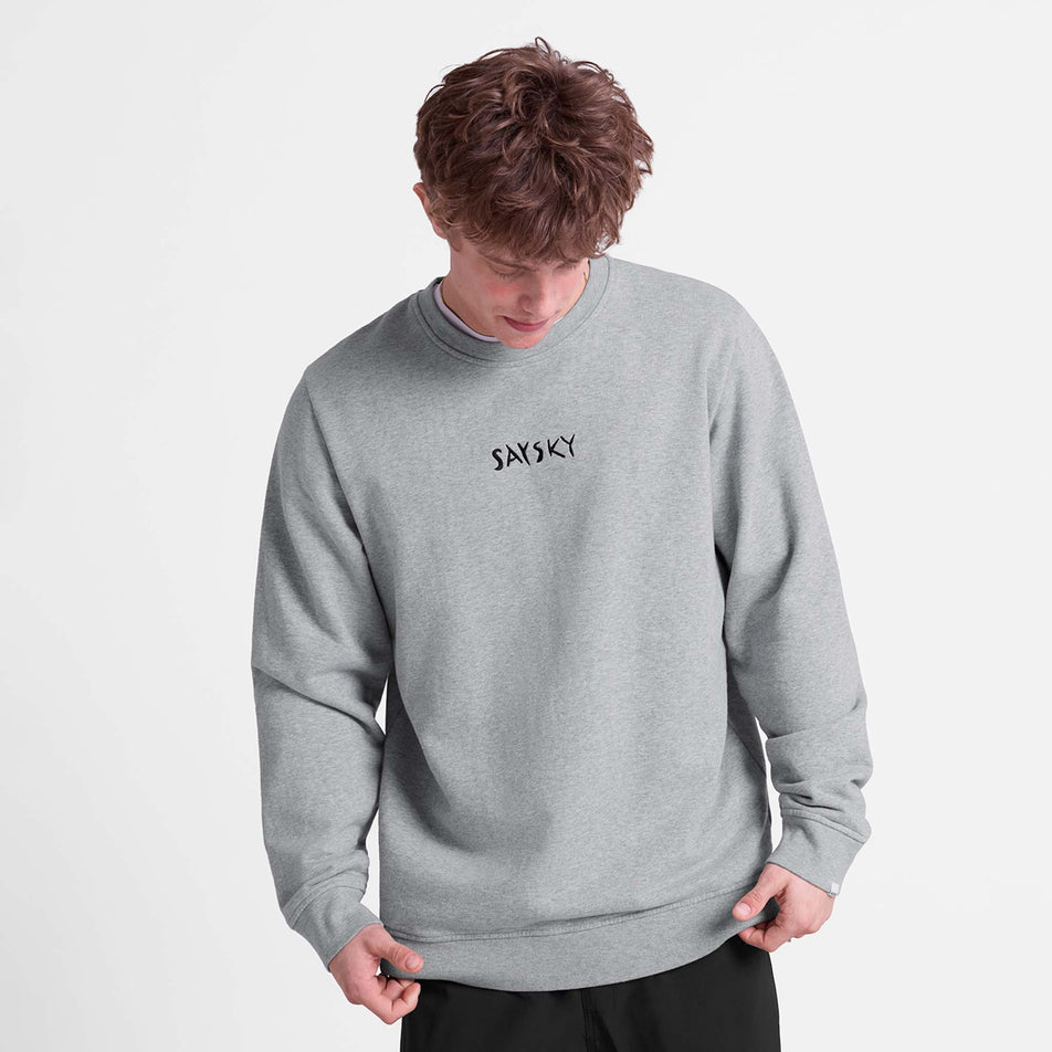 Front view of a model wearing the SAYSKY Men's Tiger Crewneck in the Grey colourway.