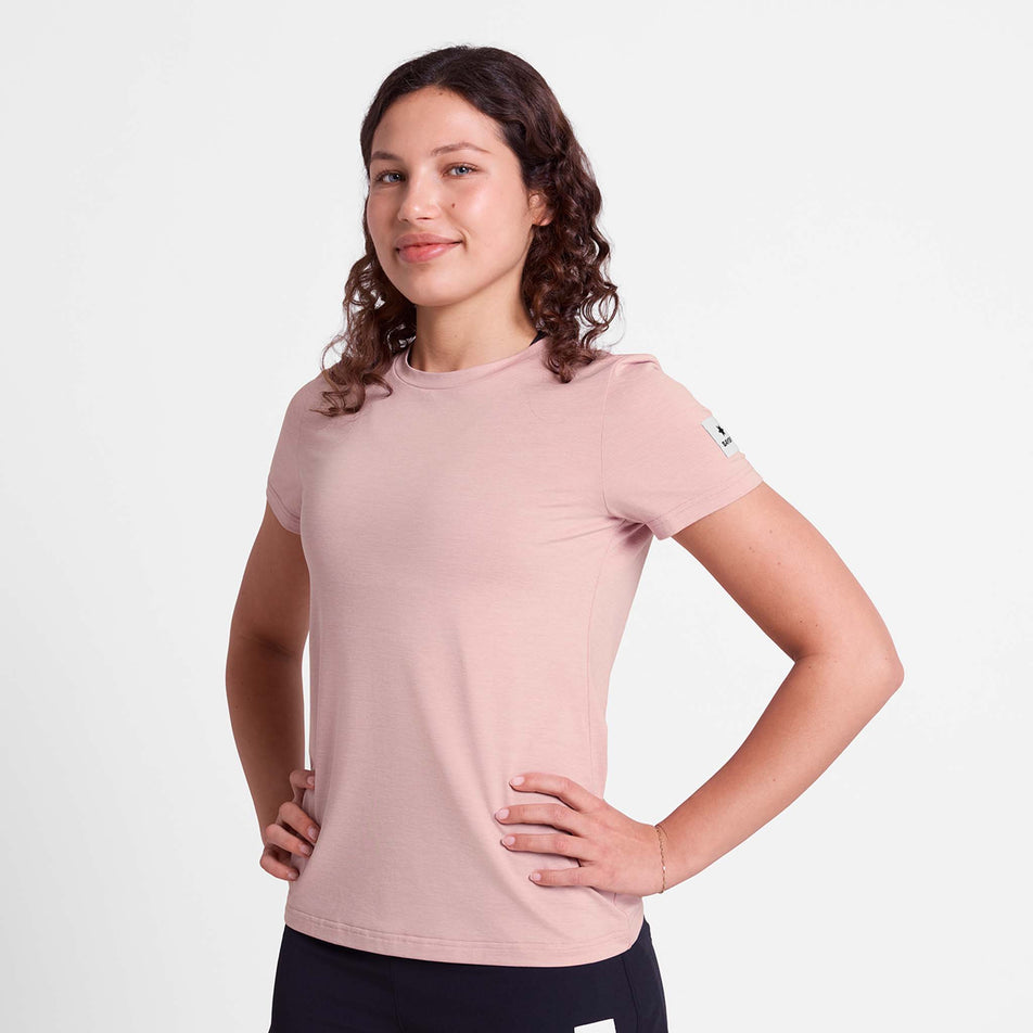 Front view of a model wearing the SAYSKY Women's Clean Pace T-Shirt in the Pink colourway.