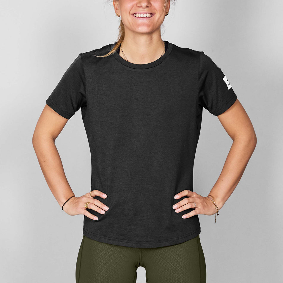 Front view of a model wearing the SAYSKY Women's Clean Pace T-Shirt in the Black colourway.