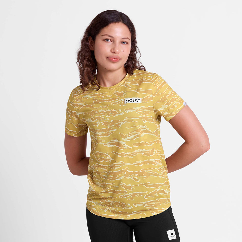 Front view of a model wearing the SAYSKY Women's Tiger Combat T-Shirt in the Yellow colourway.