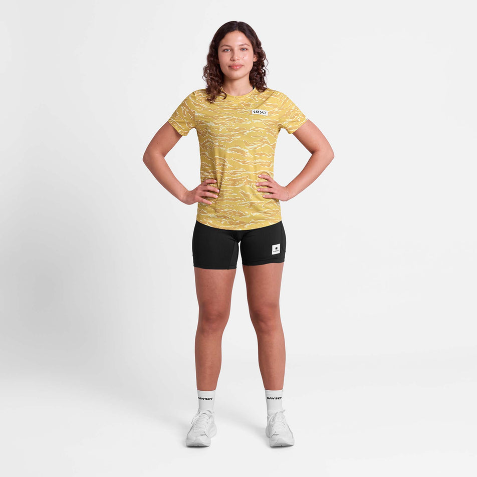 Front view of a model wearing the SAYSKY Women's Tiger Combat T-Shirt in the Yellow colourway.
