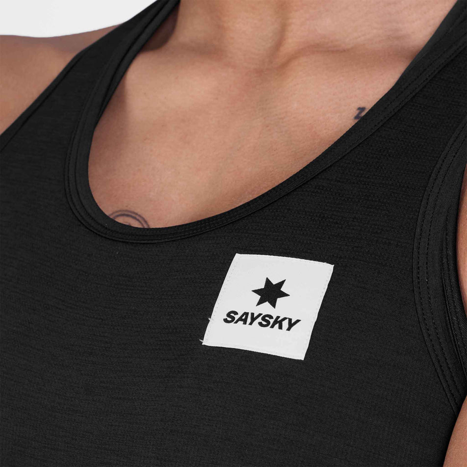 Close-up view of the SAYSKY logo on the SAYSKY Women's Clean Combat Pro Singlet in the Black colourway.