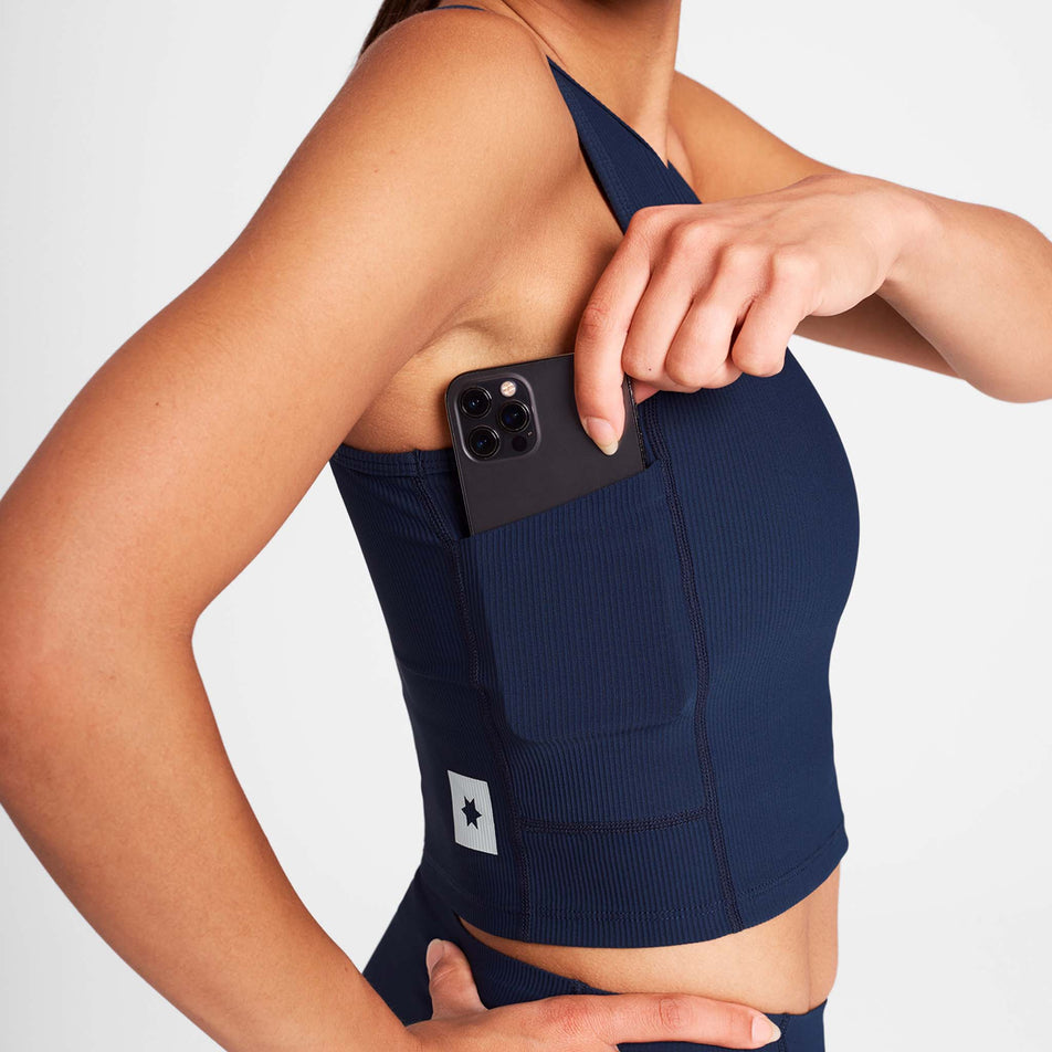 The side pocket on the SAYSKY Women's Combat Rib Crop Top in the Blue/White colourway.