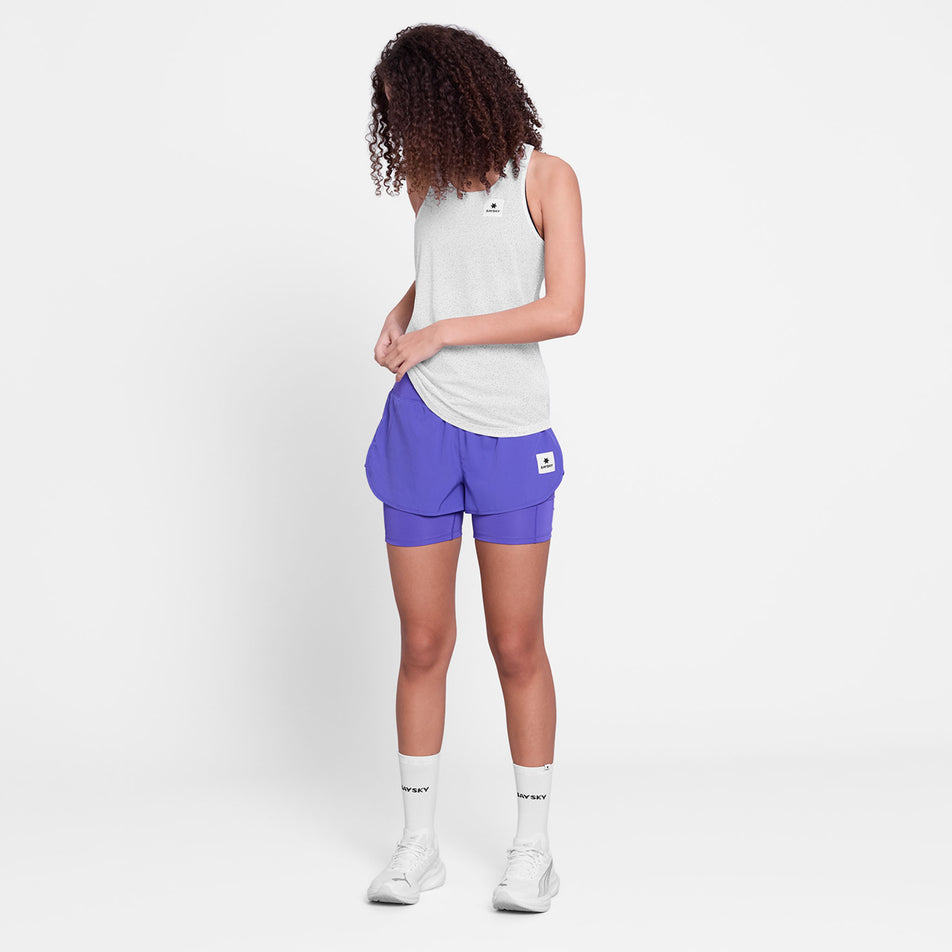 Front view of a model wearing the SAYSKY Women's 2 In 1 Pace Shorts 3