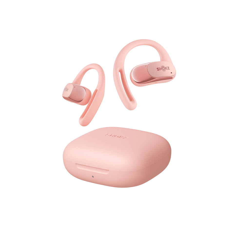 A pair of Shokz Unisex OpenFit Air Headphones in the Pink colourway, along with the charging case. (8541409345698)