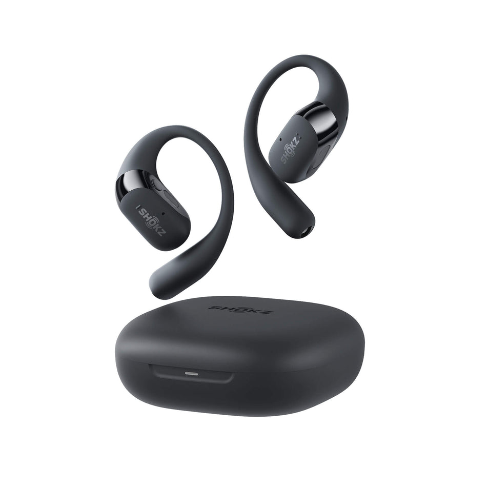 A pair of Shokz OpenFit 2+ Wireless Earbuds and case in the black colourway