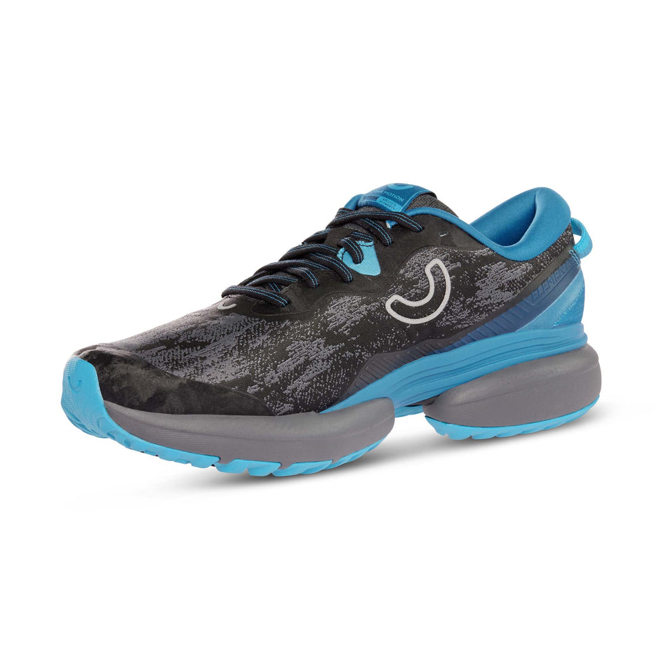Medial side of the right shoe from a pair of True Motion Men's U-Tech Nevos Elements Next Gen Running Shoes in the Black/Mykonos Blue/Castle Rock colourway (8140926714018)