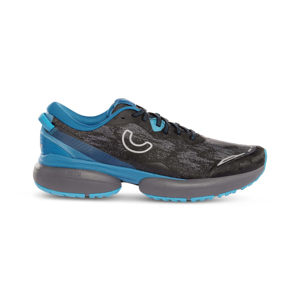 Lateral side of the right shoe from a pair of True Motion Men's U-Tech Nevos Elements Next Gen Running Shoes in the Black/Mykonos Blue/Castle Rock colourway (8140926714018)