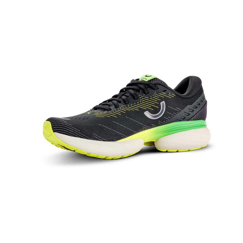 Medial view of the right shoe from a pair of True Motion Men's U-TECH Nevos 3 in the Black/Asphalt/Evening Primrose colourway. (8618621304994)