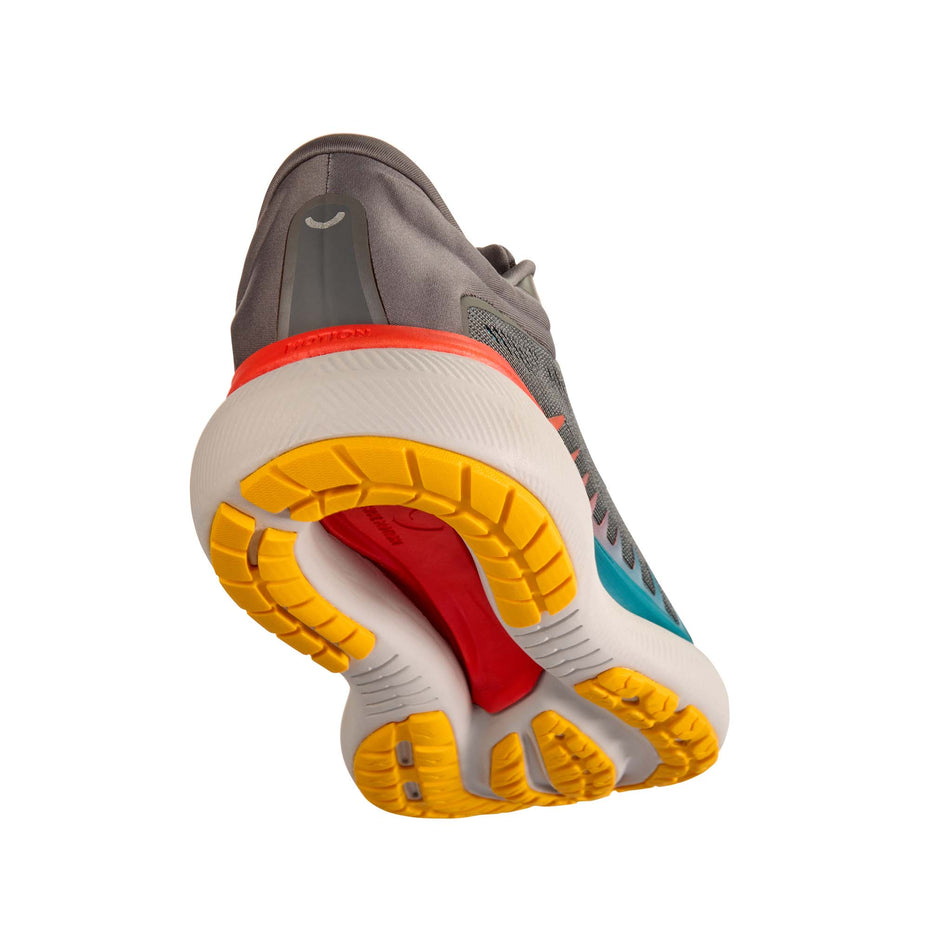 The outsole - and back - of the right shoe from a pair of True Motion Men's U-Tech Aion 3 Running Shoes in the Castlerock/Orange.com/Tahitian Tide colourway. (8678184485026)