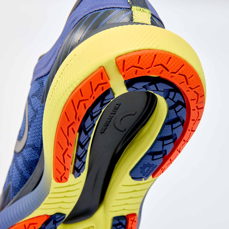 The outsole of the right shoe from a pair of True Motion Men's U-Tech Aion Elements Running Shoes in the Gray Blue/Iron Gate/Limeade colourway.