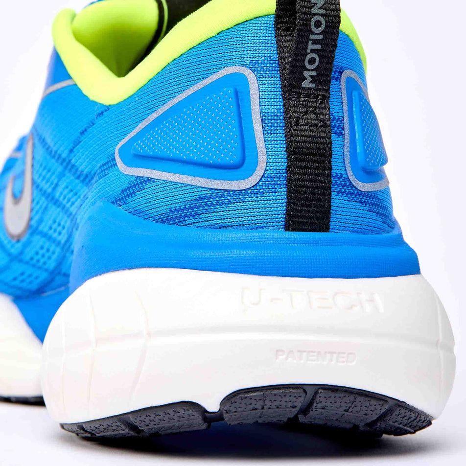 The rearfoot section of the right shoe from a pair of True Motion Men's U-Tech Nevos 4 Running Shoes in the French Blue/Skydiver/Safety Yellow colourway.