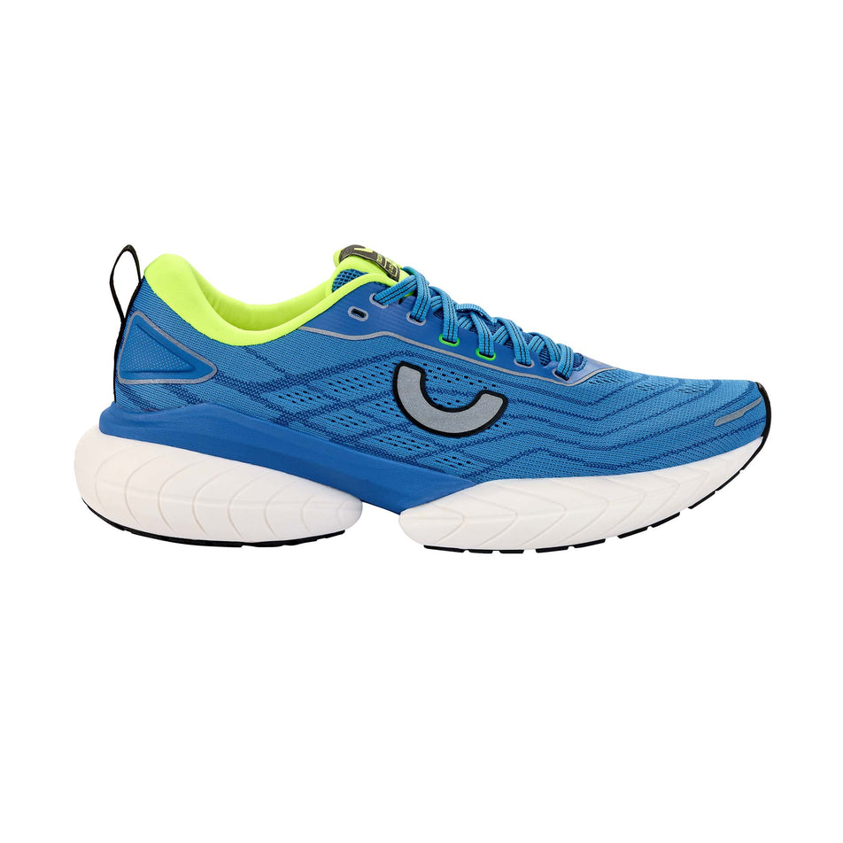 Lateral view of the right shoe from a pair of True Motion Men's U-Tech Nevos 4 Running Shoes in the French Blue/Skydiver/Safety Yellow colourway.