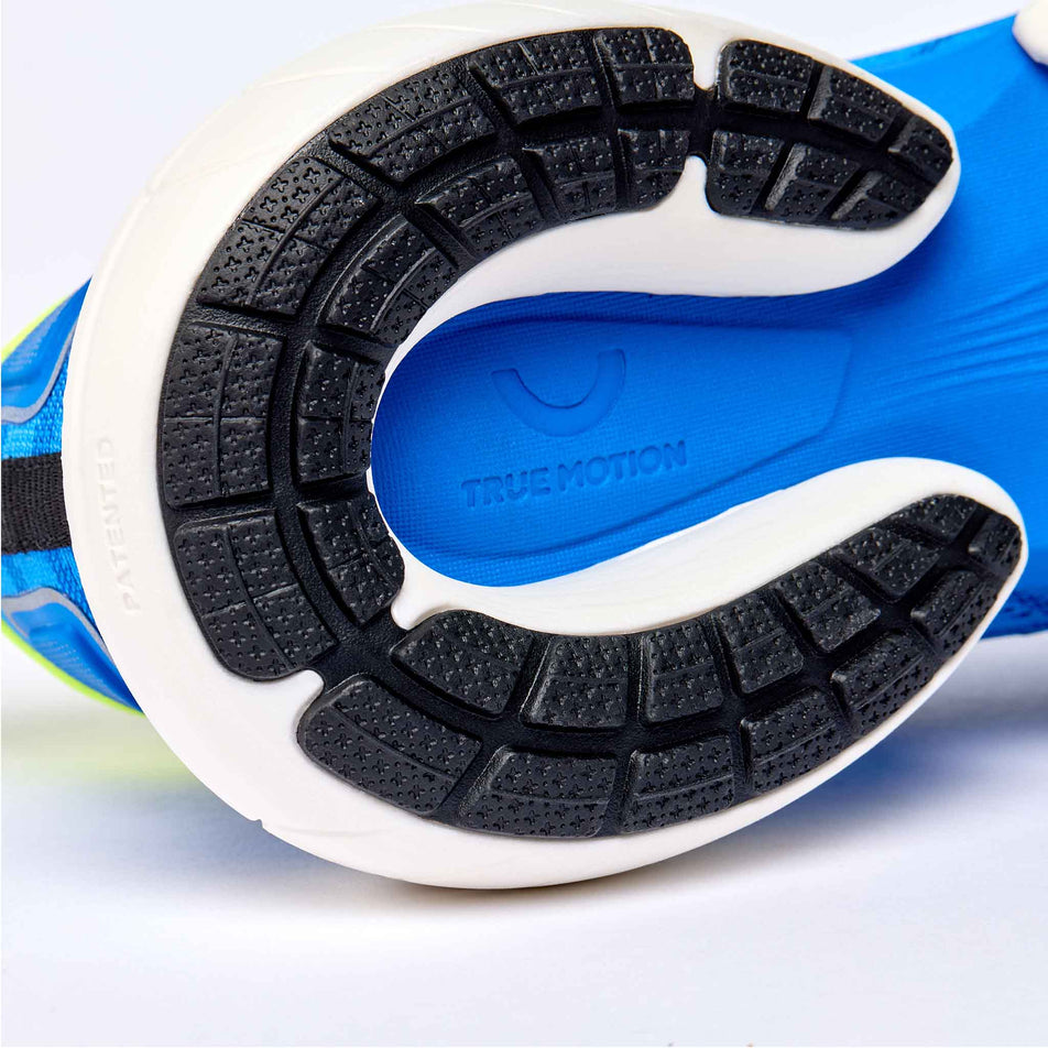 The rearfoot section of the right shoe from a pair of True Motion Men's U-Tech Nevos 4 Running Shoes in the French Blue/Skydiver/Safety Yellow colourway.