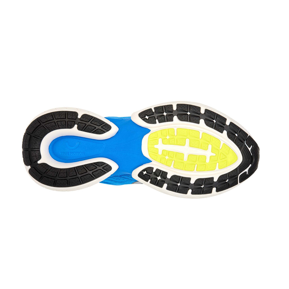 The outsole of the right shoe from a pair of True Motion Men's U-Tech Nevos 4 Running Shoes in the French Blue/Skydiver/Safety Yellow colourway.