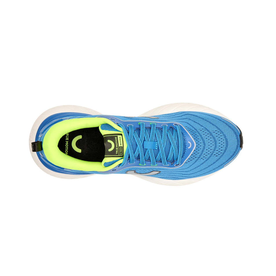 The upper of the right shoe from a pair of True Motion Men's U-Tech Nevos 4 Running Shoes in the French Blue/Skydiver/Safety Yellow colourway.