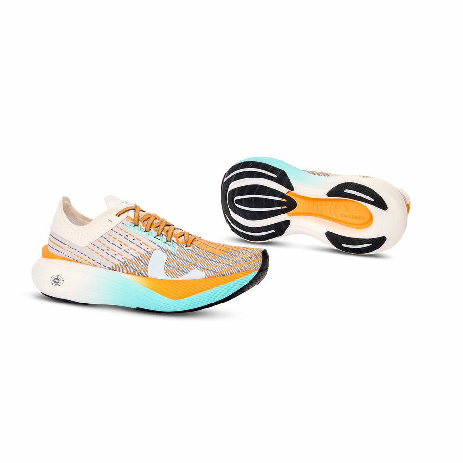 A pair of True Motion Men's U-Tech Solo 2 Running Shoes in the White/Tangelo/Aqua Splash colourway.