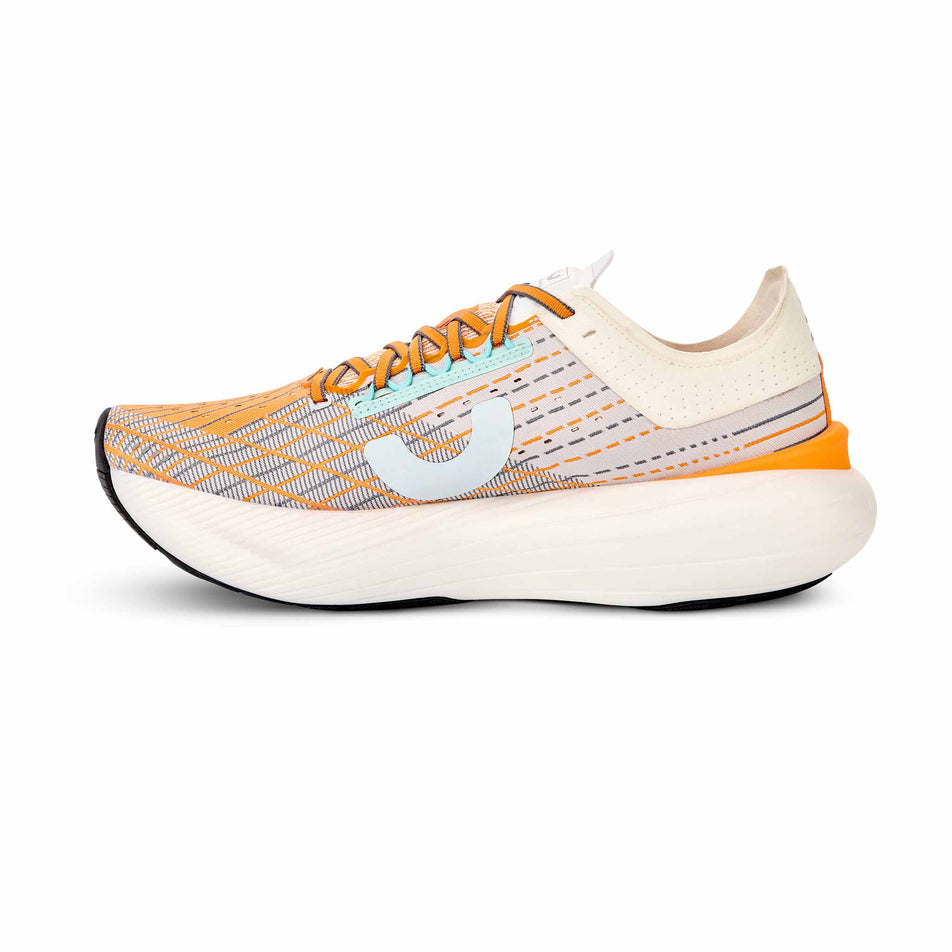 Medial view of the right shoe from a pair of True Motion Men's U-Tech Solo 2 Running Shoes in the White/Tangelo/Aqua Splash colourway.