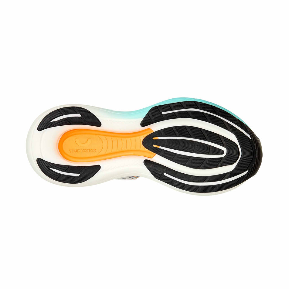 The outsole of the right shoe from a pair of True Motion Men's U-Tech Solo 2 Running Shoes in the White/Tangelo/Aqua Splash colourway.