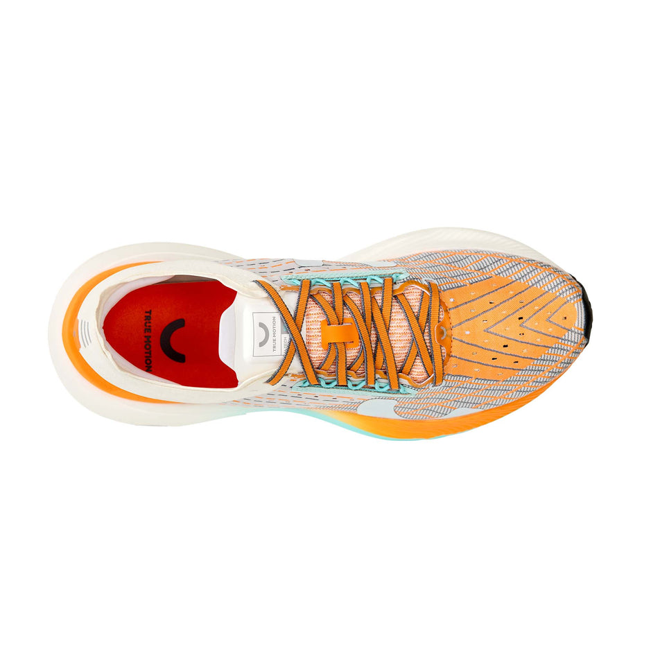 The upper of the right shoe from a pair of True Motion Men's U-Tech Solo 2 Running Shoes in the White/Tangelo/Aqua Splash colourway.