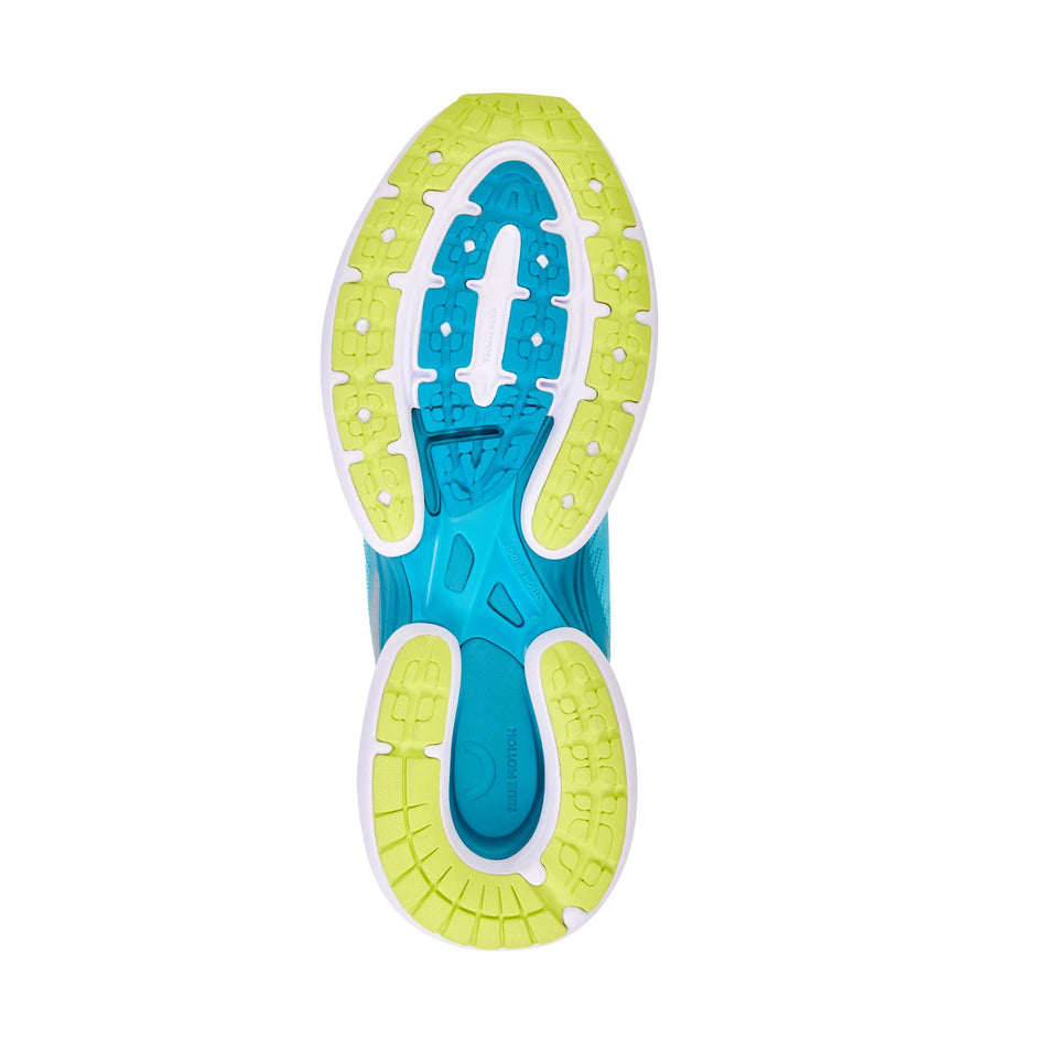 Outsole of the right shoe from a pair of True Motion  Women's U-TECH Nevos 3 Running Shoes in the Scuba Blue/Enamel Blue/Lime Popsicle colourway (8146440356002)