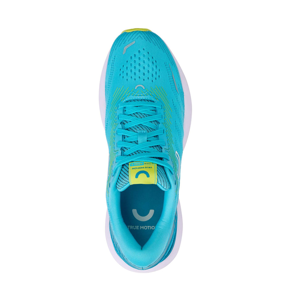 The upper on the right shoe from a pair of True Motion  Women's U-TECH Nevos 3 Running Shoes in the Scuba Blue/Enamel Blue/Lime Popsicle colourway (8146440356002)