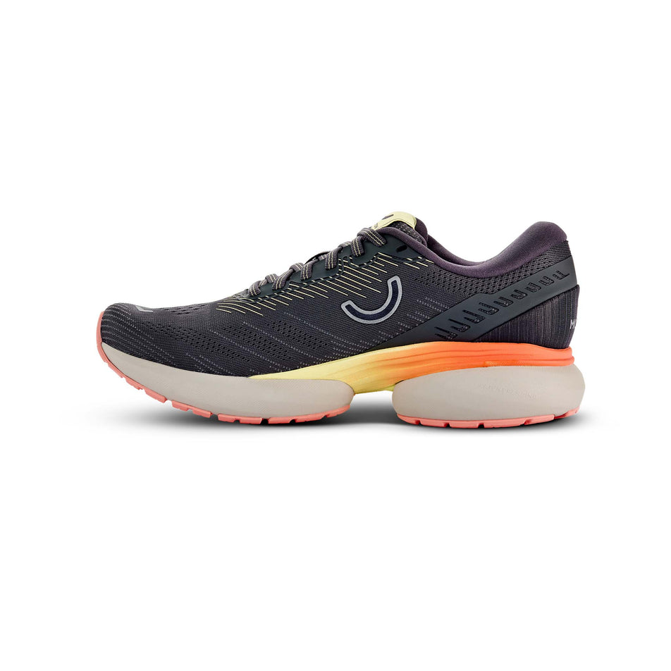 Medial view of the right shoe from a pair of True Motion Women's U-Tech Nevos 3 Running Shoes in the Asphalt/Antarctica/Peach Amber colourway. (8636671459490)