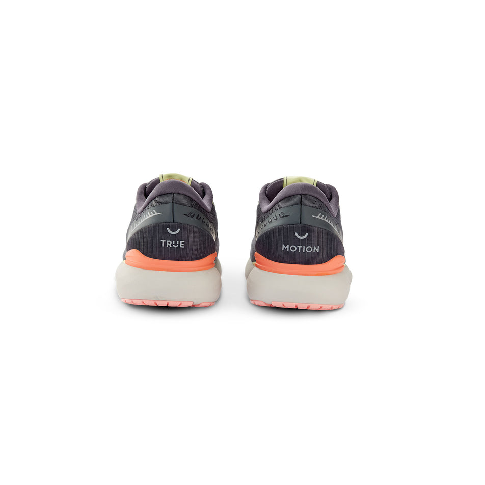The back of a pair of True Motion Women's U-Tech Nevos 3 Running Shoes in the Asphalt/Antarctica/Peach Amber colourway. (8636671459490)