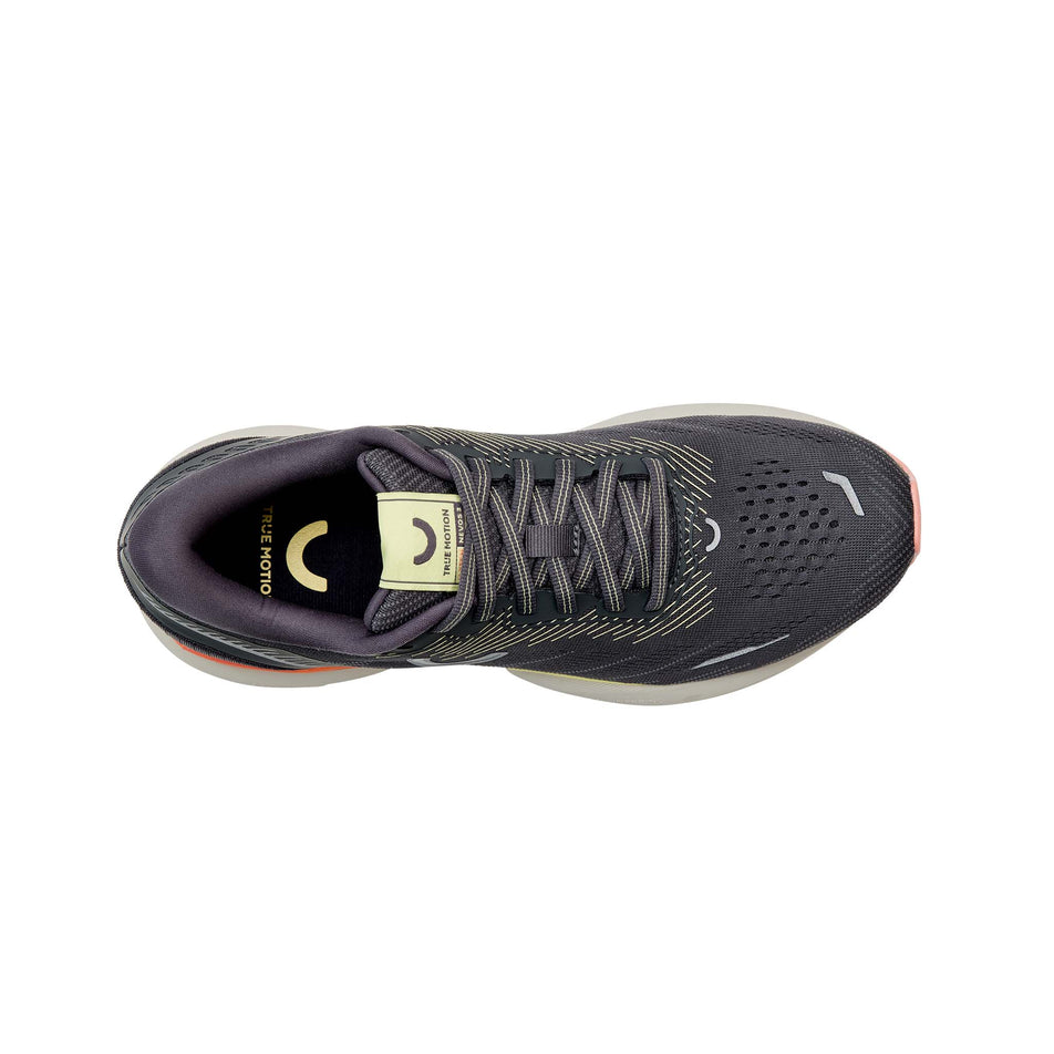 The upper of the right shoe from a pair of True Motion Women's U-Tech Nevos 3 Running Shoes in the Asphalt/Antarctica/Peach Amber colourway. (8636671459490)