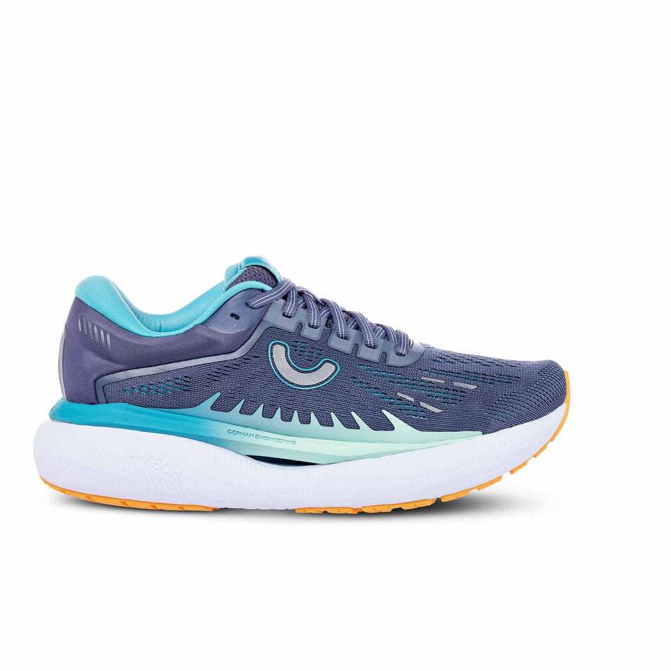 Lateral side of the right shoe from a pair of True Motion Women's U-Tech Aion 3 Running Shoes in the Crown Blue/Bluebird/Blazing Orange colourway (8368973807778)