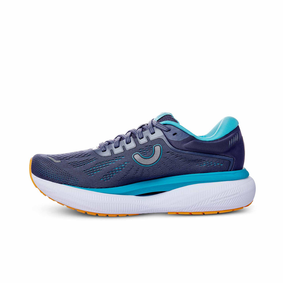 Medial side of the right shoe from a pair of True Motion Women's U-Tech Aion 3 Running Shoes in theCrown Blue/Bluebird/Blazing Orange colourway (8368973807778)
