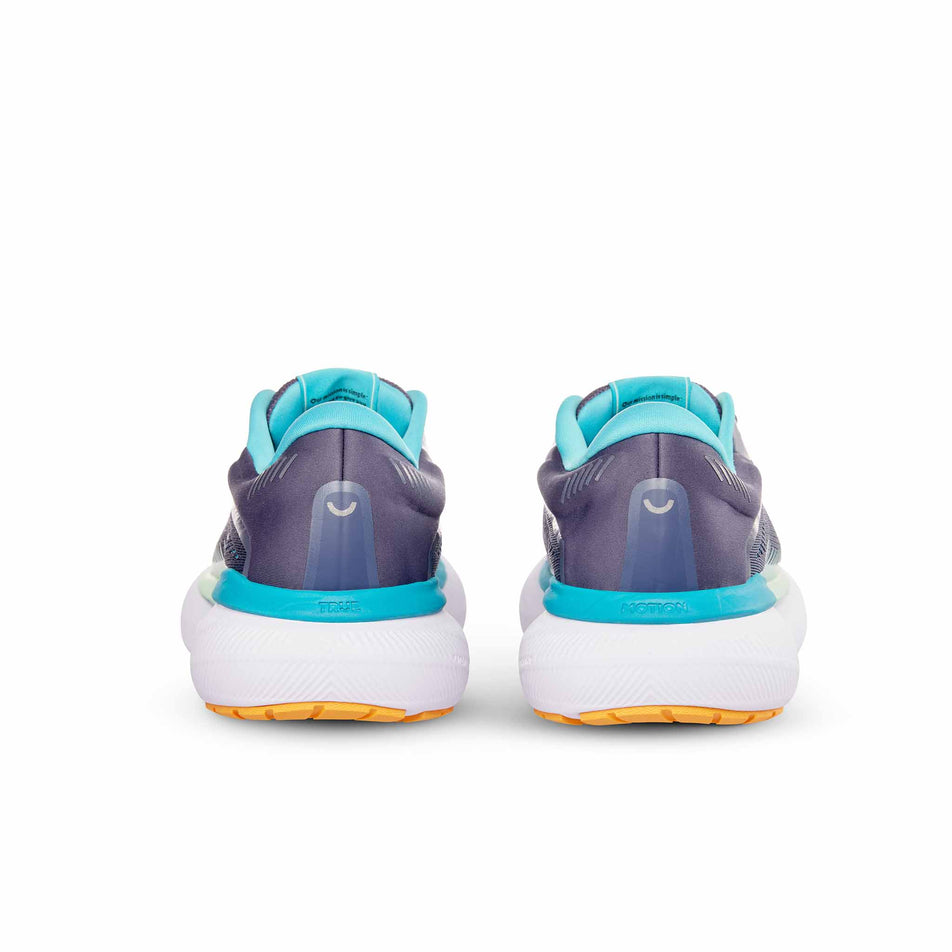 The back of a pair of True Motion Women's U-Tech Aion 3 Running Shoes in theCrown Blue/Bluebird/Blazing Orange colourway (8368973807778)