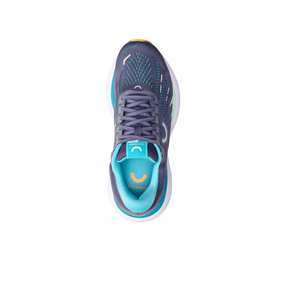 The upper of the right shoe from a pair of True Motion Women's U-Tech Aion 3 Running Shoes in theCrown Blue/Bluebird/Blazing Orange colourway (8368973807778)
